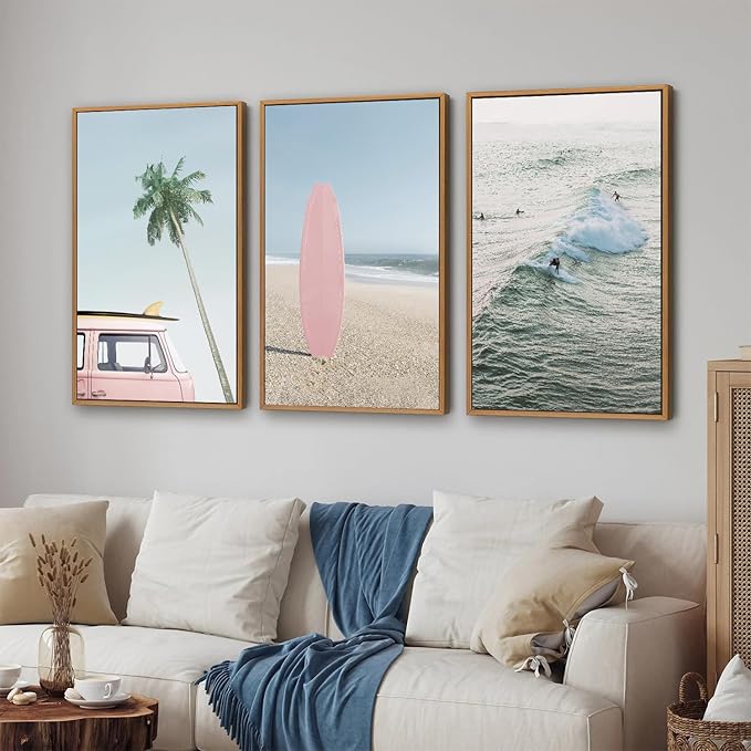 Tinonedraw Large Ocean Beach Framed Canvas Wall Art, Summer Coastal Surfboard Wall Decor, Palm Tree Pink Car Artwork, Modern Surfing Seascape Art Prints for Living Room Bedroom Office 16"x24"x3