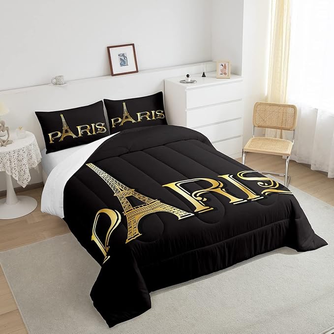 Erosebridal Eiffel Tower Comforter Set, City Building of Paris Bedding Set Full Size, Gold Black Duvet Sets for Kids Boys Girls Teens Bedroom, Soft Microfiber Bedding Comforters with 2 Pillow Cases