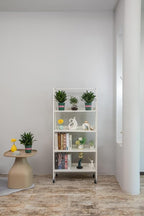 No-Assembly Folding Bookshelf Storage Rack Shelves with Castors 4 Tiers Vintage Bookcase Standing Racks Multifunctional Plant Flower Stand Study Organizer for Home Office (Metal,White)