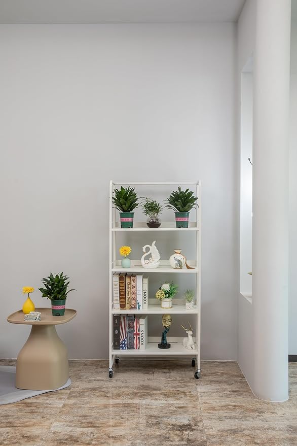 No-Assembly Folding Bookshelf Storage Rack Shelves with Castors 4 Tiers Vintage Bookcase Standing Racks Multifunctional Plant Flower Stand Study Organizer for Home Office (Metal,White)