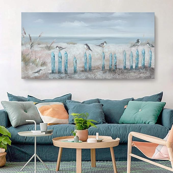 Big Wall Art for Living Room Extra Large Hand-painted Beach Oil Painting Ocean Sea Bird Seagull Canvas Artwork Framed Seascape Coastal Picture for Office Bedroom Decor 60 x 30 inch