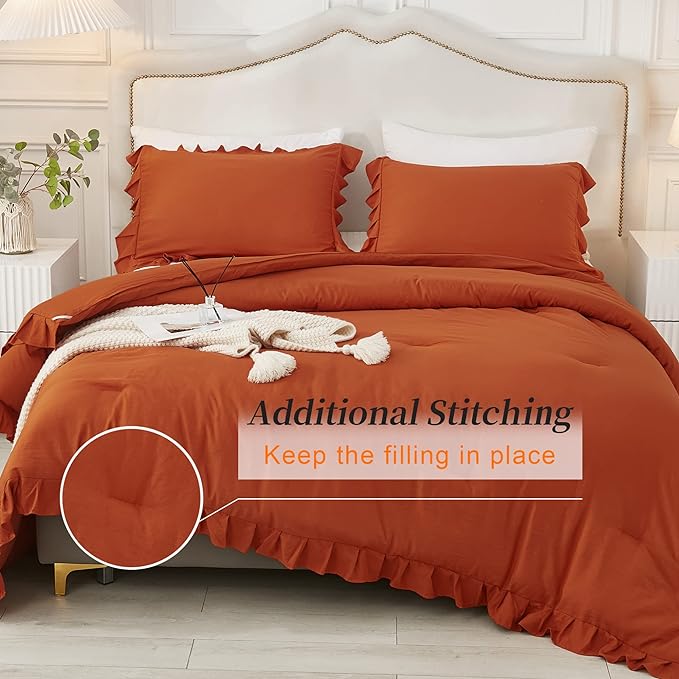 Andency Terracotta Ruffle Comforter Queen(90x90Inch), 3 Pieces(1 Ruffled Comforter and 2 Pillowcases) Solid Farmhouse Shabby Chic Comforter, Vintage Rustic Soft Microfiber Bedding Set