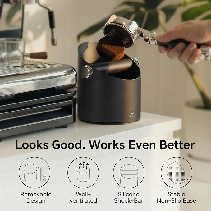 Knock Box Espresso Accessories - 15 Espresso Pucks Steel Espresso Machine Tools for Coffee Ground with Removable Knock Bar, Non-Slip Base, Anti-Splash Coffee Puck Bin for Barista, Black