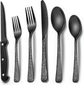 EWFEN 24-Piece Black Silverware Set with Steak Knives, Black Flatware Set for 4, Food-Grade Stainless Steel Tableware Cutlery Set, Mirror Finished Utensil Sets for Home Restaurant, Tree Pattern