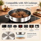 DELARLO Tri-Ply Stainless Steel 10 Inch Deep Frying Pan 3QT Saute Pan With Lid, Induction Compatible Chef Cooking Pan with lid, Dishwasher & Oven Safe