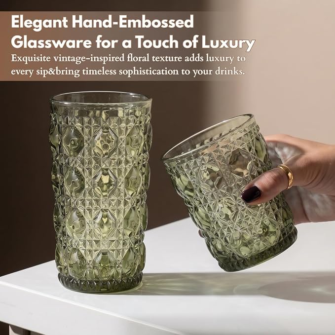 Green Drinking Glasses Set of 12, 12 Oz Highball & 10 Oz Cocktail Glasses, Green Kitchen Vintage Glassware Set, Floral Embossed Glass Tumbler Cups for Beer, Juice, Whiskey, Coffee(Gem)