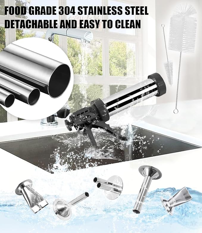 Jerky Gun for Ground Meat, 5 Stainless Nozzles, 2 Cleaning Brushes | 2 Cleaning Brushes, Jerky Making Kit, Beef Jerky Gun Kits, Stainless Steel Sausage Stuffer Jerky Making Gun
