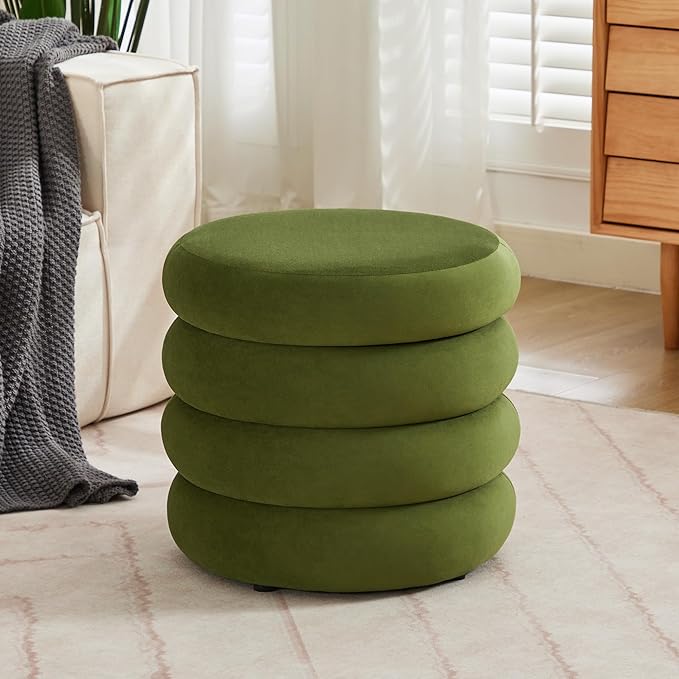 ONEVOG Round Storage Ottoman, 20" Small Ottomans Table with Removable Lid, Velvet Fabric Soft Footrest Stool for Couch, Upholstered Stuffed Circle Seat for Livingroom/Bedroom/Dorm/Vanity, Olive Green