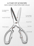 Kitchen Scissors, Forged Stainless Steel Shears for Meat and Vegetables | 3Cr14 one-piece blades with bottle opener, nutcracker and fish scaler; dishwasher safe