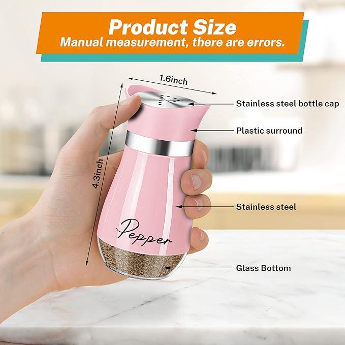 Salt and Pepper Shakers - 4 oz Pink Glass Set with Stainless Steel Lids | Refillable Glass Shakers with Stainless Steel Lids for Cooking, Dining, RV Trips, Camping and BBQs; 4 oz Capacity Each.