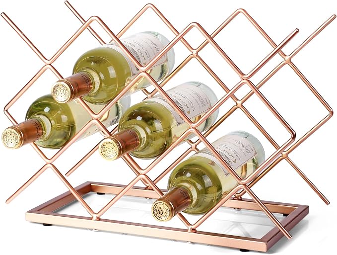 Countertop Wine Rack - 10 Bottle Freestanding Modern Rose Gold Metal Small Wine Rack - Tabletop Wine Holder Stand for Cabinet, Pantry, Wine Bottle Storage…