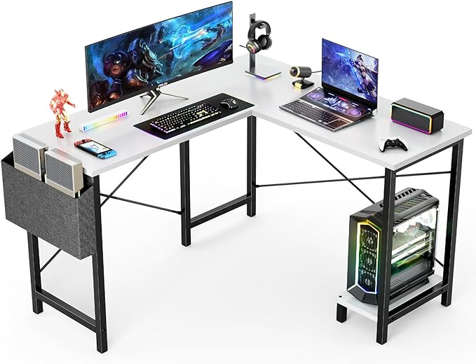 DUMOS Wood Computer Desk PC Gaming Table with Side Storage Bag for Home Office Small Spaces, White, 50 Inch