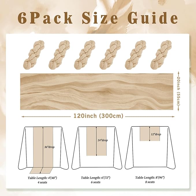 Sand 6 Pack 10FT Cheesecloth Table Runner 20 x 120 Inch Long Rustic Gauze Cheese Cloth Table Runner for Wedding Bridal Baby Shower Table Decorations Boho Fabric Sheer Birthday Party Table Decor