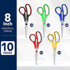 BURVAGY 10 Pack 8" Scissors All Purpose, Heavy Duty Scissors for Office | Scissors Bulk Multipurpose Comfort-Grip Sharp Adult Office Scissors Set Sewing Fabric Stainless Steel Blades, Right/Left Hand