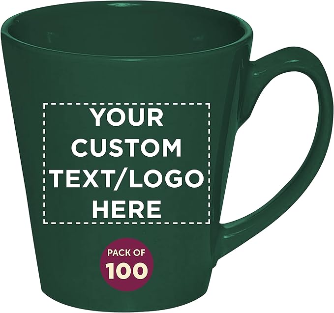 DISCOUNT PROMOS Custom Glossy Ceramic Latte Coffee Mug 12 oz. Set of 100, Personalized Bulk Pack - Perfect for Tea, Espresso, Cappuccino, Hot Cocoa - Green