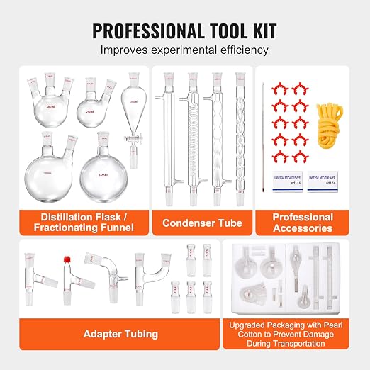 VEVOR Lab Distillation Kit, 3.3 Boro Lab Glassware Distillation Kit with 24, 40 Joint, 1000ml Essential Oil Distillation Apparatus Kit, 32 pcs Set of Glassware Equipment