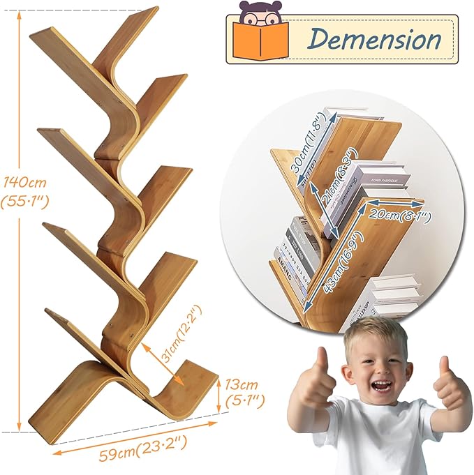 Bamboo Tree Bookshelf, 8-Tier Wood Bookcase, Free Standing Book Organizer Shelves, Books/Albums/Files Holder Display Storage Rack Space Saver for Living Room Bedroom-Log 55x23x5inch
