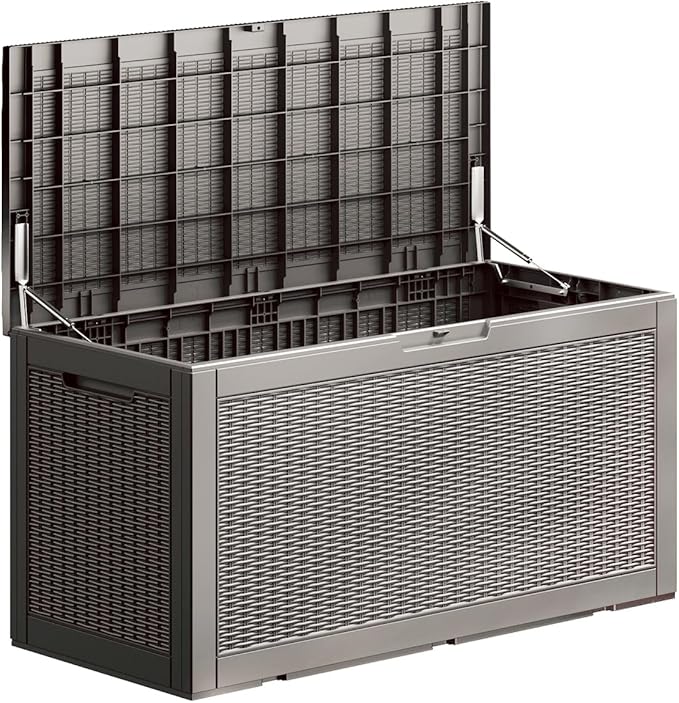 100 Gallon Waterproof Deck Box, Lockable Resin Storage Box for Patio Furniture Cushions Garden Tools and Outdoor Delivery Storage, Coffee