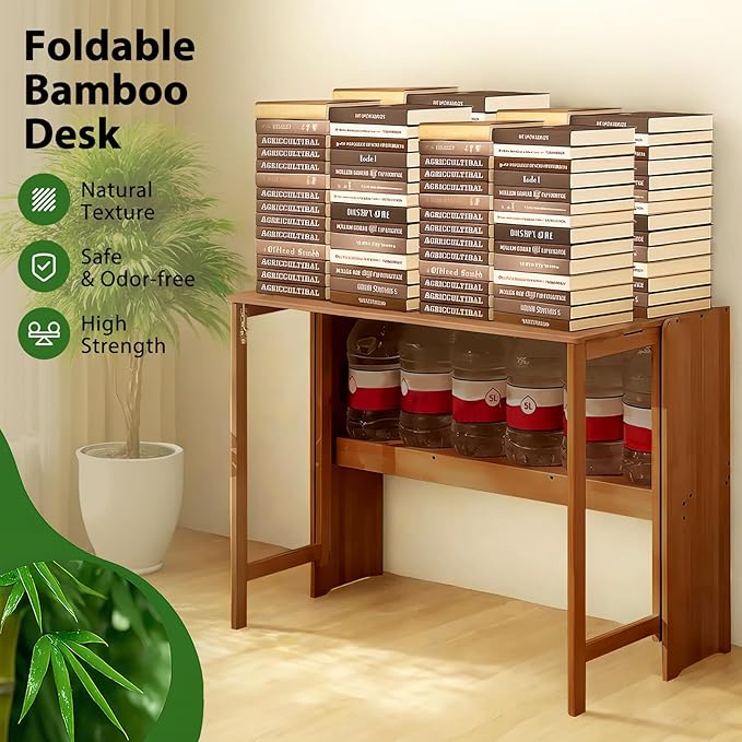 39.37" Bamboo Folding Desk,Space-Saving Computer Desk for Small Spaces, Foldable Study Table for Bedroom, Home Office, Dorm, Apartment (Brown)