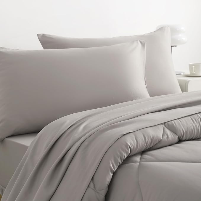 NTBAY Twin Comforter Set with Sheets, 5 Pieces Soft and Breathable Twin Bedding Set, Twin Bed in a Bag, Down Alternative Comforter Set Solid Color All Season, Kids Bedding Set, Smoke Grey