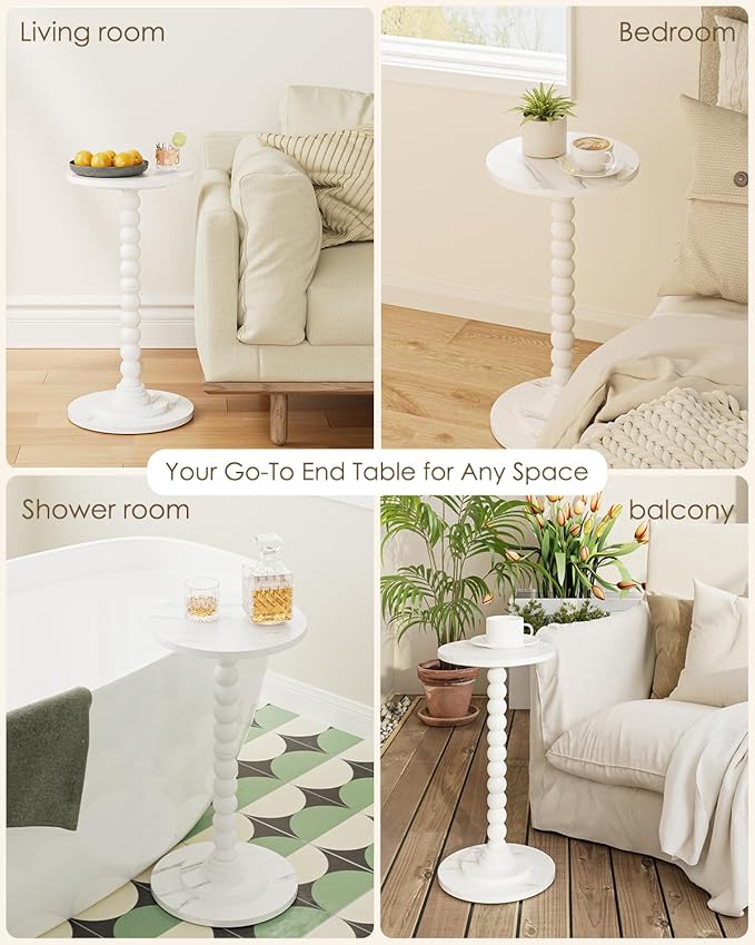 Masupu Round Side Table, Small Drink Table for Small Spaces, Pedestal End Table with Solid Wood Leg for Living Room, Bedroom, Corners(Marble White)