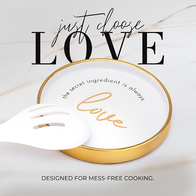 Styled Settings White and Gold Kitchen Utensils with Holder, 8-Piece | Heat Resistant, Nonstick, White Silicone Cooking Utensils Set, Ceramic Utensil Holder & Stackable Gold Spoon Rest