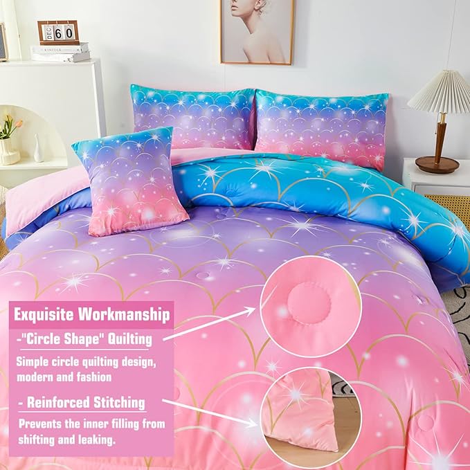 PERFEMET Mermaid Comforter Set for Girls 6 Pieces Rainbow Glitter Twin Size Kids Bedding Set Purple Pink Ombre Mermaid Scale Print Bed in A Bag Comforter Set with Sheets
