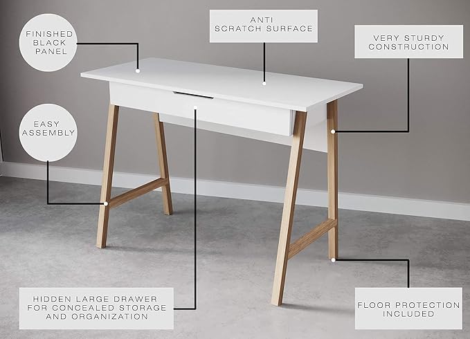 PARMA 42 Inch Modern Desk - Home & Office Small Computer Desk with Wide Drawer - Wooden Study Writing Minimalist Desk with Storage for Small Space, Bedroom & Workstations - Student Desk/Table (White)