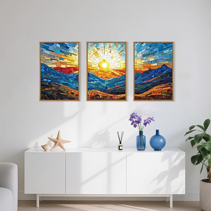 Mountains Framed Canvas Wall Art Set, Modern Abstract Art Painting, Irregular Square Ridge Wall Decor, Sunrise Art Print for Living Room, Bathroom, Bedroom, Office - 16"x24"x3
