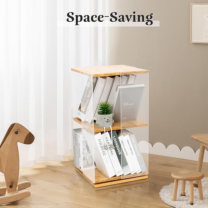 MYOYAY 360°Rotating Bookshelf 2 Tier Small Bookshelf with Doors Acrylic Bookshelf Spinning Modern Bookshelf Display Bookcase Rotating Storage Rack for Collectibles, Office, Bedroom or Living Room