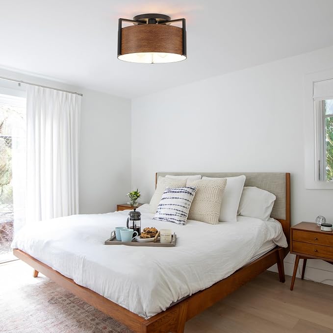 15'' Farmhouse Semi Flush Mount Ceiling Light, 3-Light Rustic Hallway Entryway Light Fixtures, Metal Wood Grain Finish Close to Ceiling Lights for Kitchen Dining Room Bedroom Living Room Foyer