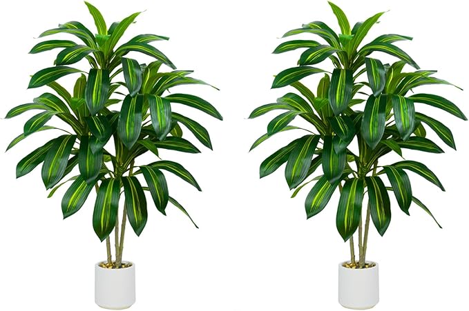 Artificial Dracaena Tree Artificial Silk Tree Faux Tree with White Tall Planter Fake Tropical Yucca Floor Plant (2, White Planter, 4 FT)