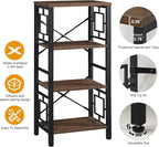 Bookshelf, Vintage Industrial 4 Tier Bookshelf, Freestanding Narrow Bookcase with Rustic Wood and Metal, Small Bookshelf for Home Office, Bedroom & Living Room, Retro Brown