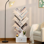 8 Tier Tree Bookshelf with Drawer, Free Standing Wood Bookcase for Living Room, Bedroom, Home Office, Space Saving Storage Organizer Bookshelves for Books, CDs, Vinyl Records- White