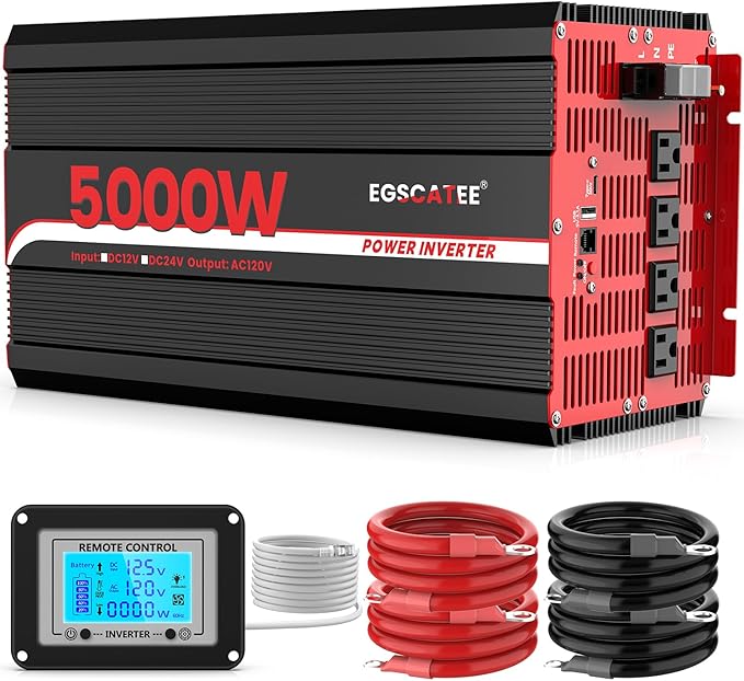 5000W Power Inverter 12V DC to 120V AC Converter for Truck, Home, RV, Peak 10000W Off-Grid Solar Power Inverter with 4 AC Outlets, USB Port,Type-C Port, Remote Controller with LCD Screen
