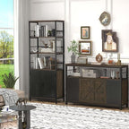 Farmhouse Bookshelf with Storage, Industrial Tall Book Shellf with Doors, Rustic Wood Bookcase with Cabinet for Home Office, Living Room, Bedroom (Walnut Brown)