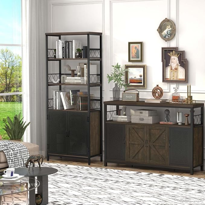 Farmhouse Bookshelf with Storage, Industrial Tall Book Shellf with Doors, Rustic Wood Bookcase with Cabinet for Home Office, Living Room, Bedroom (Walnut Brown)