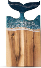 Whale Tail Serving Board, 15"x 7.9" Acacia Wood Ocean Resin Art Charcuterie Cheese Tray for Meal Prep, Fruit or Meat Display, Cutting Board on Back, Unique Gift for Women, Housewarming Gift