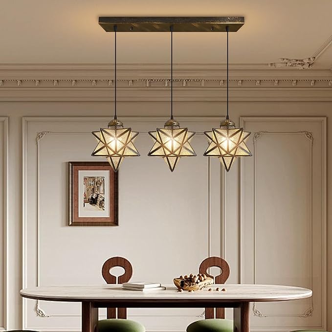 Glass Glam Chandelier 3 Lights Star Pendants Light Fixture for Dining Table Kitchen Island Modern Ceiling Hanging Lights Included LED Warm Light Bulbs Oiled Bronze