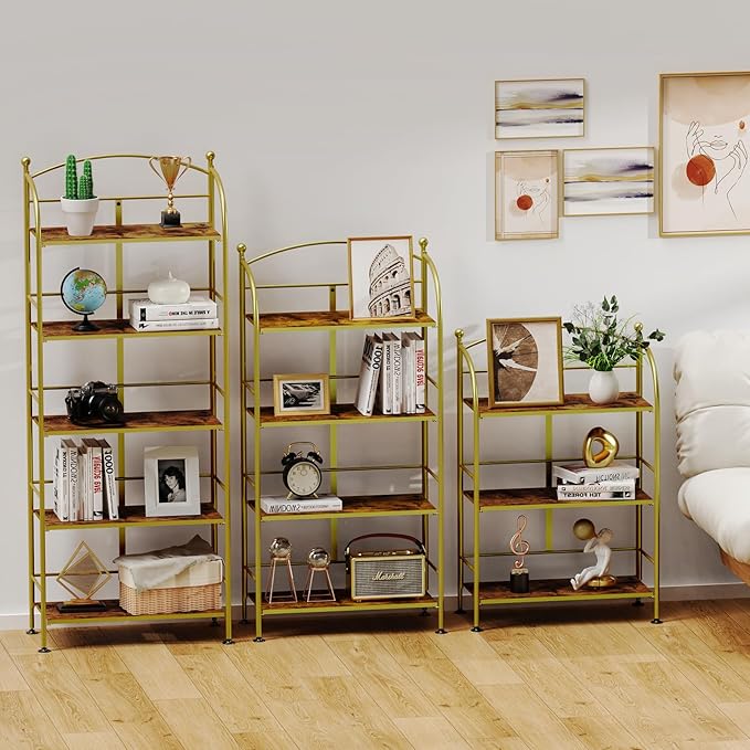 FRAPOW Folding Bookshelf No Assembly, 3 Tier Shelf Gold Collapsible Bookcase, Arched Metal Display Portable Book Shelf with Storage Shelves for Bedroom, Living Room, Home Office