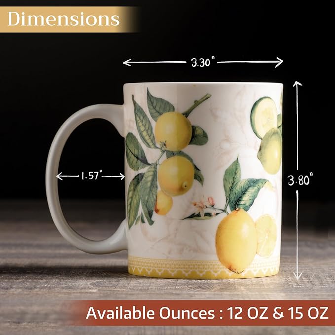 Maison d' Hermine Coffee Mug with Handles Tea Cups (15 Ounce, Pack of 1) | Fine Bone China Coffee Mugs for Hot Beverages Cappuccino Latte Home Restaurant Hotel Spring Summer -Limoncello - Verna