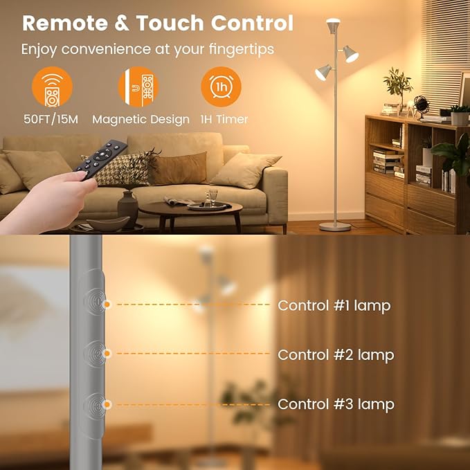36W LED Tree Floor Lamp, Dimmable Tall Standing Lamp with Remote & Touch Control, 4 Color Temperatures Bright Floor Lamp, 3 Rotatable Light Modern Floor Lamps (Silver Gray)