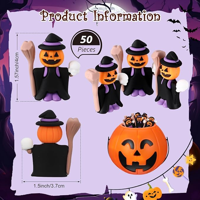 50 Pcs Halloween Mini Figurines Tiny Pumpkin Figures to Hide and Seek Rubber Wizard Miniatures Ornaments Gifts for Halloween Party Favors Table Decorations(Wizard)