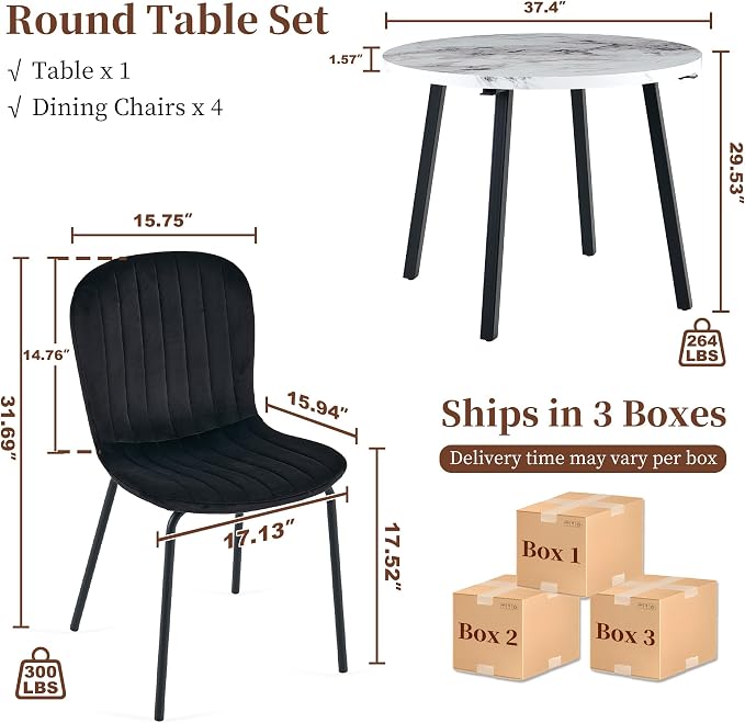 Small Round Dining Table Set for 4 People, 37" Modern Kitchen Table | 5-Piece Set, Faux White Marble MDF table, 4 Black Velvet Chairs, Easy Assembly, Space-saving, Fits Small Dining Room
