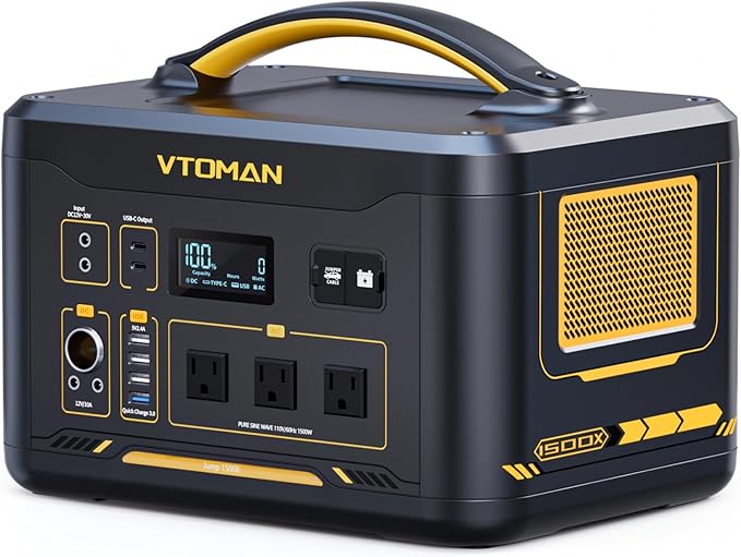 VTOMAN Jump1500X Portable Power Station, 828Wh LiFePO4 Battery Solar Generator with Jump Start, 1500W AC Outlet, 100W PD Type-C, Large Capacity Expandable to 2376Wh for Camping, RV Travel, Home Backup