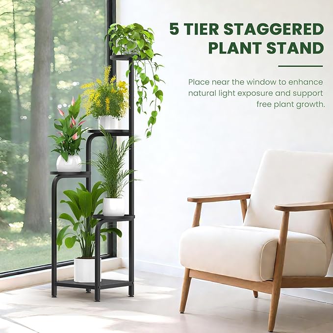 TOSKING 5 Tier Tall Plant Stand Indoor Outdoor, Heavy Duty Corner Shelf for Plants & Decor, Space Saving 3.9FT Metal Flower Pot Stand for Balcony, Garden, Living Room, Patio (Black, 47in)