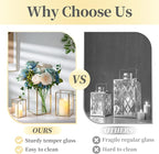 Glass Hurricane Candle Holder Large - Hewory 6pcs Gold Rectangle Flower Holders Centerpiece for Table, Tall Floor Square Pillar Candle Lantern for Wedding, Anniversary, Party, Fireplace, Dining Room