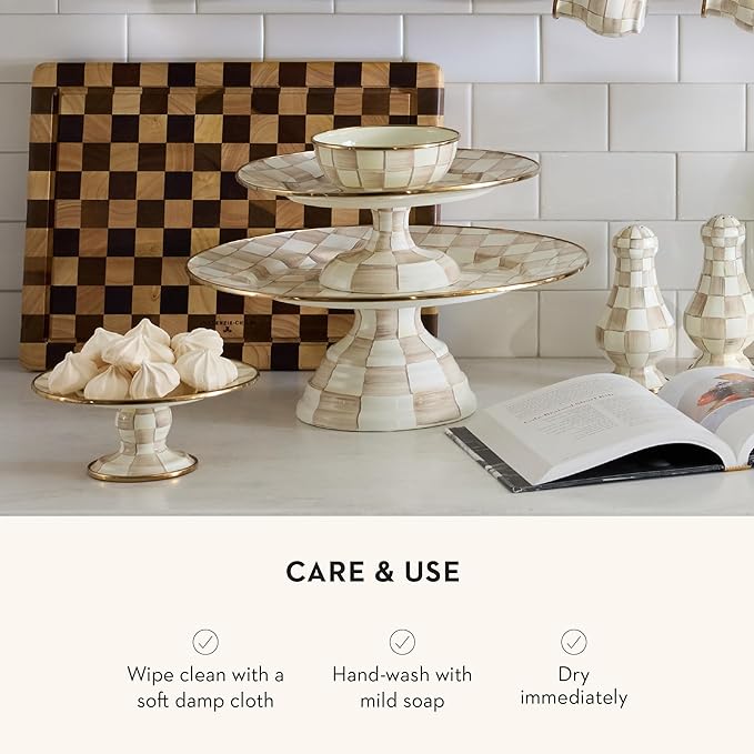 MACKENZIE-CHILDS Enamel Pedestal Platter, Round Cake Stand, Mini, Brown-and-White Mocha Check