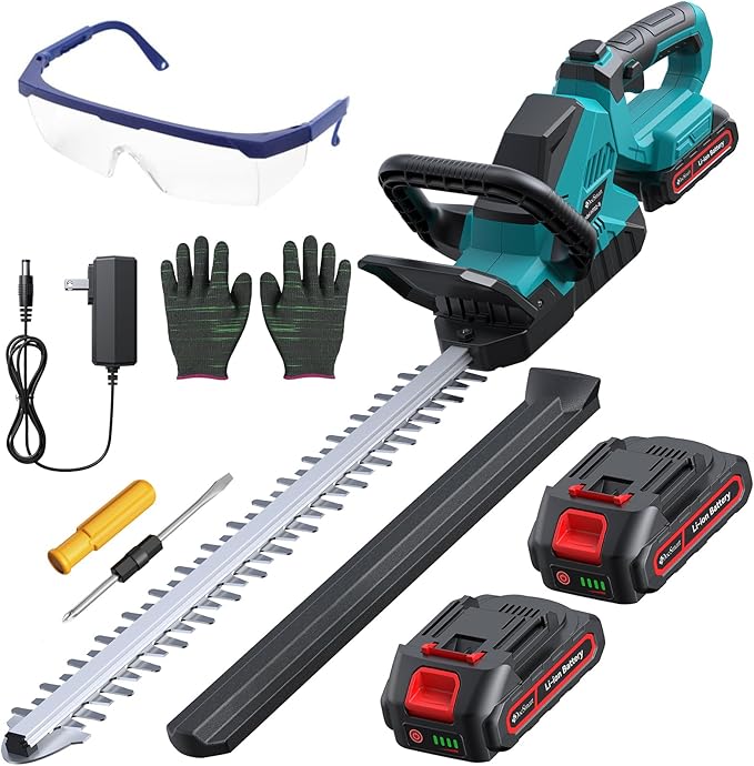 20'' Hedge Trimmer Cordless with Battery, Electric Handheld Bush Clipper with 2 Pack Rechargeable Batteries, 3000RPM 180° Rotatable Head, 2/3'' Blade Gap