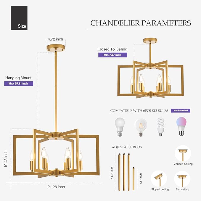 Modern Farmhouse Gold Chandeliers for Dining Room, 6-Light Industrial Metal Chandeliers Geometric Pendant Lights Kitchen Island for Entryway Stairway Foyer Hallway